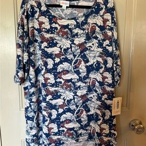 LuLaRoe NWT Irma tunic. 2XL, Relaxed fit, Navy blue with cream and rust